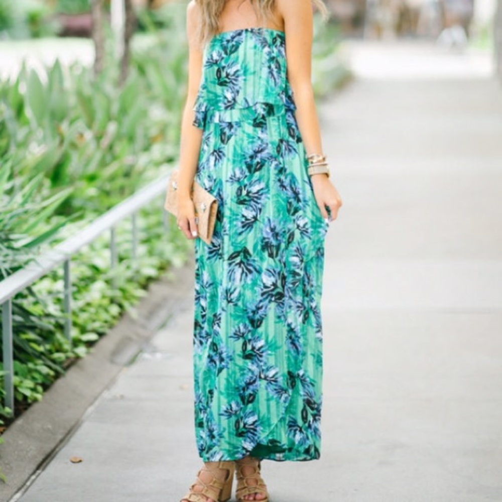 Palm print strapless dress